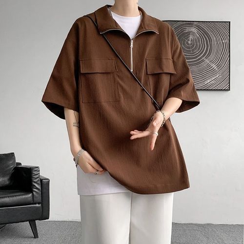 White High-End Half-Zip Short-Sleeve Men's Japanese Retro Pocket Design Polo Shirt T-Shirt Seven-Sleeve Top