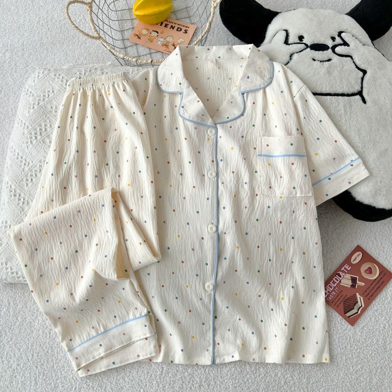 Al por mayor transfronterizo verano nubes pijamas de algodón de mangas cortas pantalones cardigan con solapa ropa de hogar lindos dibujos animados se pueden usar fuera