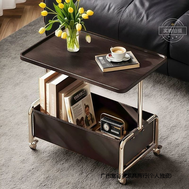 Living Room Sofa Side Table with Wheels, Modern Simple Movable Small Coffee Table, Light Luxury and High-End Creative Bedside Side Cabinet