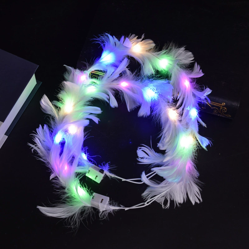 Светящийся ободок для головы с перьями, ободок из гусиного пера с LED, регулируемый размер