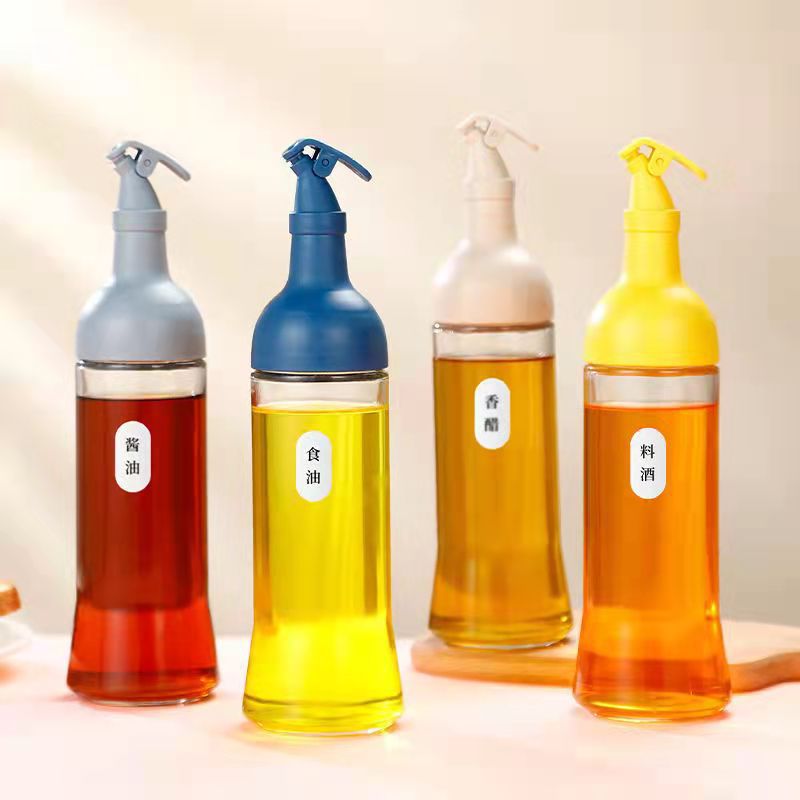 Transparent oil jug & bottle, household kitchen glass soy sauce bottle, vinegar pitcher, oil canister, and non-drip, leak-proof oil dispenser for seasonings