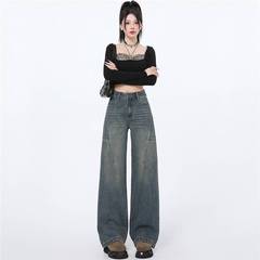 批发复古高腰阔腿牛仔裤女春夏梨形显瘦宽松垂感直筒拖地裤子