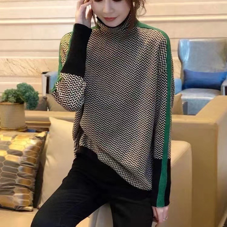 Suéter de cuello alto con rayas y patchwork estilo casual para mujer, jersey holgado de punto para primavera y otoño 2026, manga larga adelgazante.