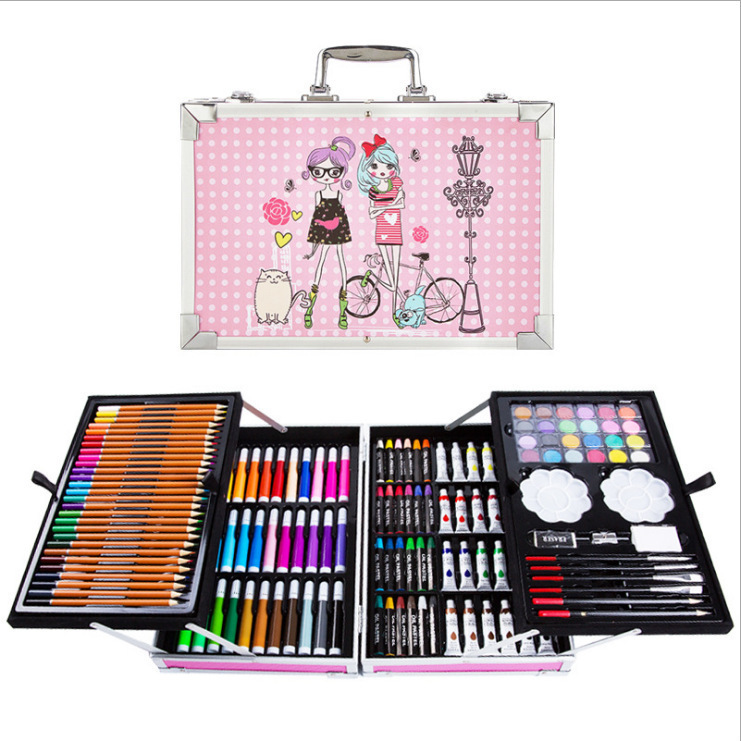 145 caja de aluminio de doble capa, bolígrafo de acuarela, juego para niños, herramienta de dibujo, caja de regalo de pintura, pintura de arte, juego completo de lujo