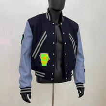 美式复古蓝皮袖拼接棒球服春秋季高街KIKO刺绣毛呢短款夹克棒球服