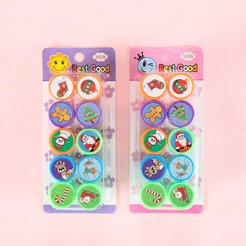 十個聖誕印章套裝 圓型橡膠干印章 玩具卡通印章學生小禮物