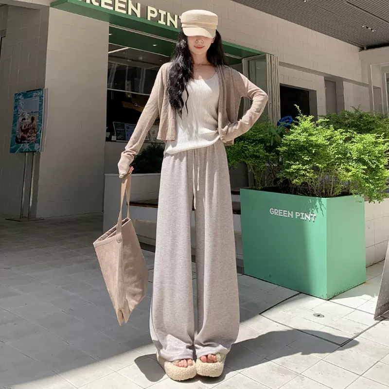 慵懒风针织糯米阔腿裤女春秋高腰直筒百搭垂感显瘦拖地窄版长裤子