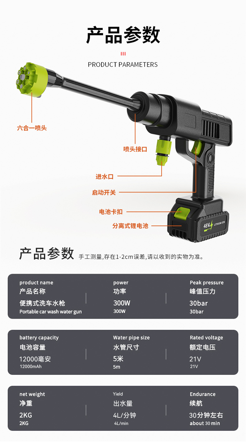Cross-Border High-Pressure Car Wash Water Gun for Car Washing, Household Flushing, Wireless Portable High-Power Car Wash High-Pressure Spray Gun