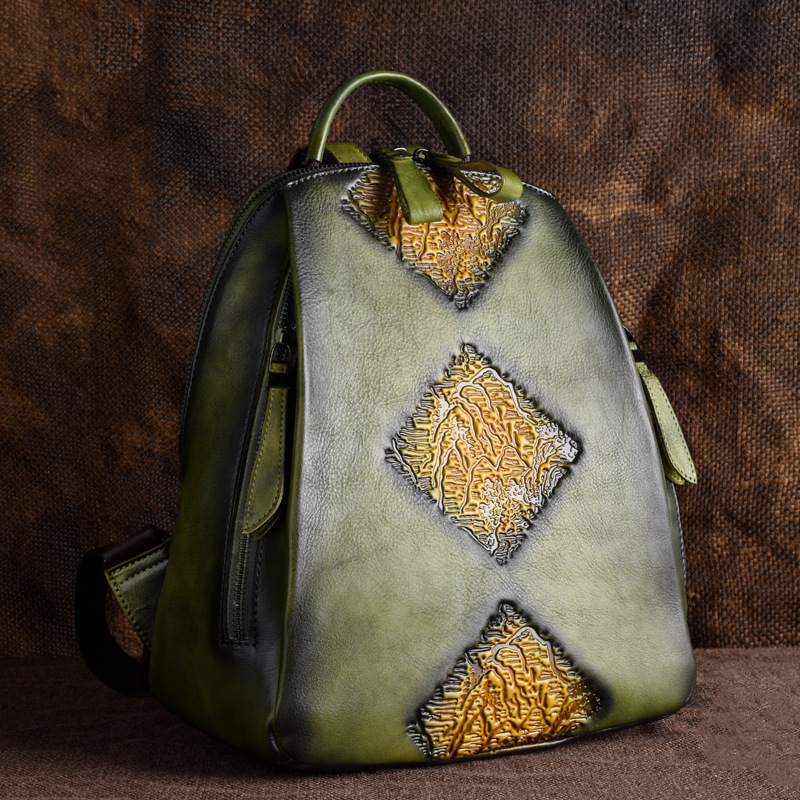 Mochila de mujer de cuero genuino curtido vegetal, multifuncional, de gran capacidad, con múltiples bolsillos, repujada, con tratamiento de color vintage, para exportación transfronteriza.