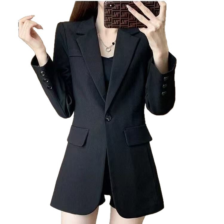 高级感黑色西装外套女设计感上衣2025春秋新款气质收腰中长款上衣|undefined
