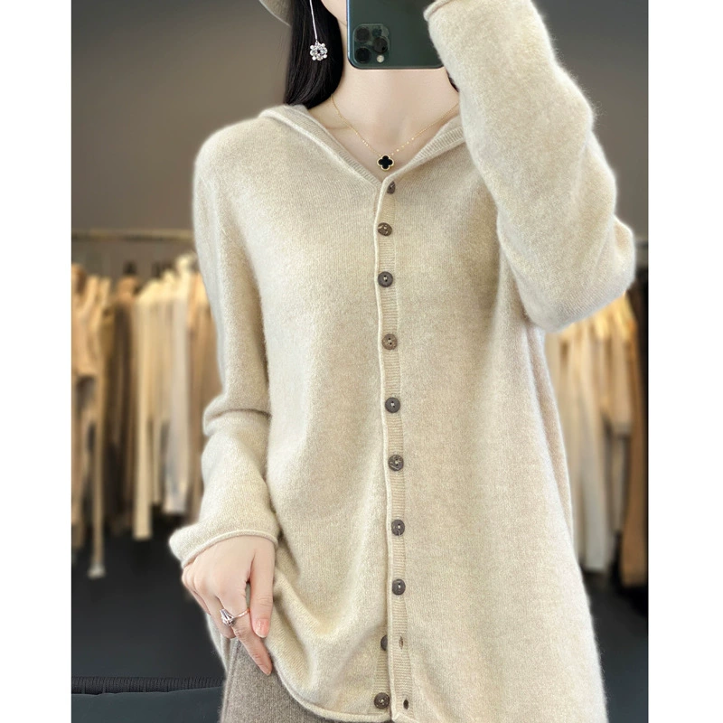 2023 осенне-зимний шерстяной кардиган с капюшоном, женский свободный Универсальный кашемировый вязаный свитер с капюшоном, верхнее пальто для завивки с капюшоном