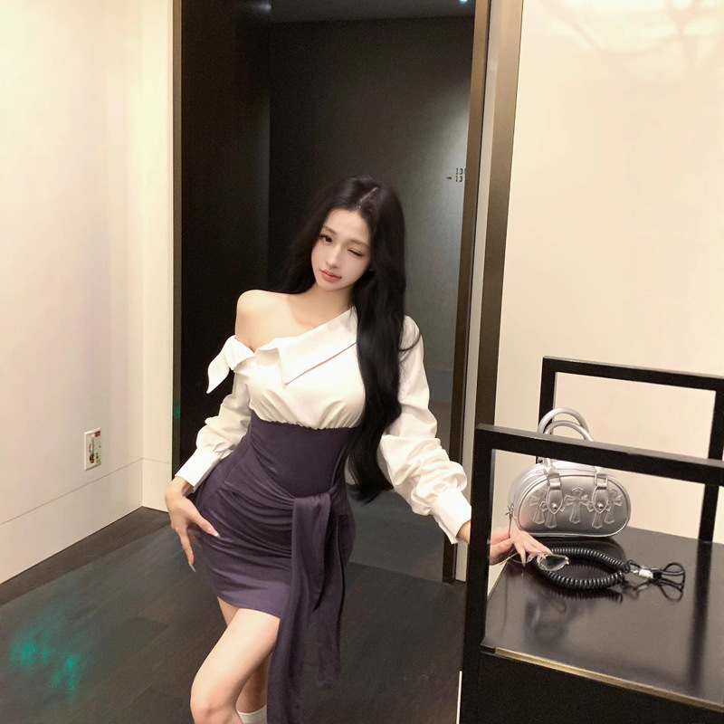 韩模顶配 长袖美式斜肩辣妹连衣裙女夏收腰显瘦包臀裙短裙|undefined