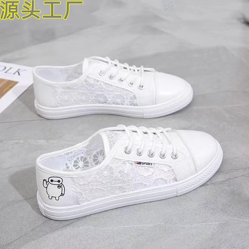  Summer New Lace Breathable White Women's Korean Style Student Shoes Net Canvas Flat Shoes Dropshipping