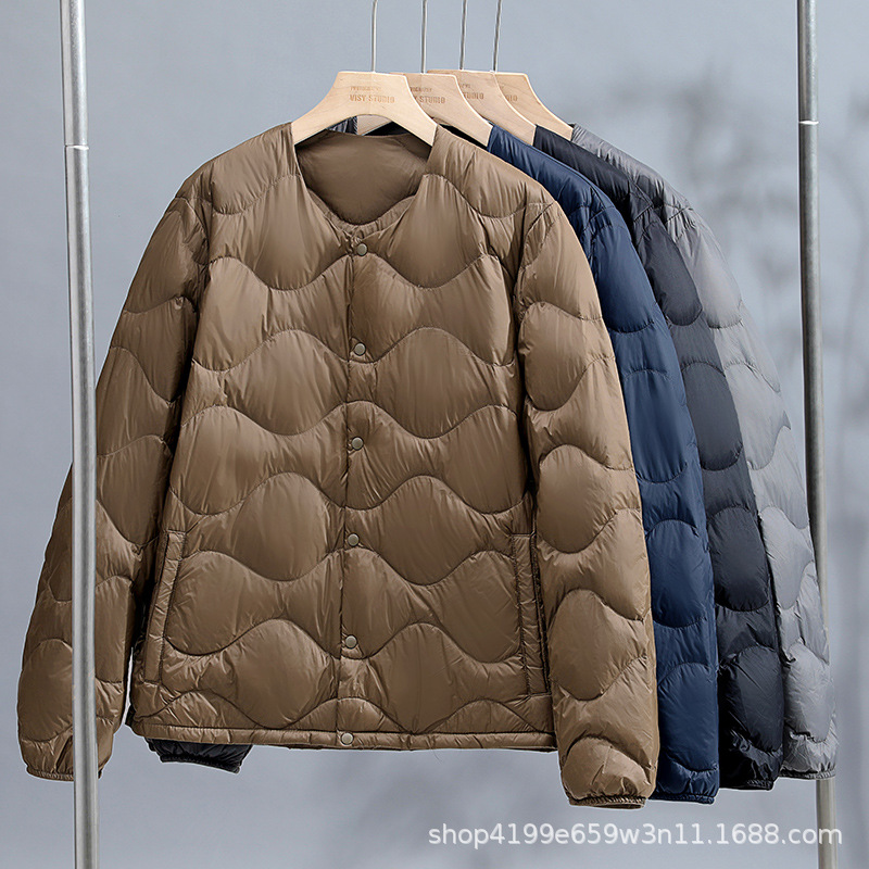 Cross-Border 2025 New Diamond Pattern Lightweight down Jacket for Men, Round Neck V-Neck, Two-Way Inner Liner Coat Trendy