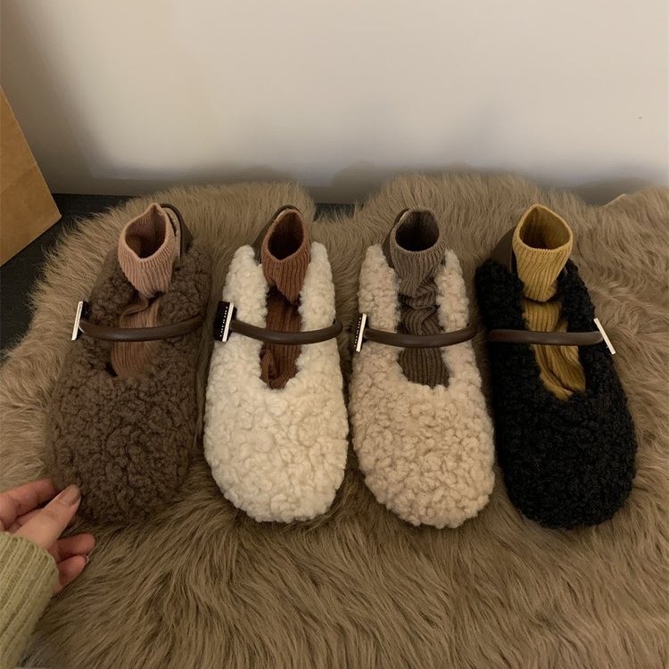 2024 neue Herbst- und Winterschuhe aus Samt mit runder Spitze, flachem Mund, Temperament mit flachem Boden, warme Bohnen, französische haarige Schuhe für_voghion.com