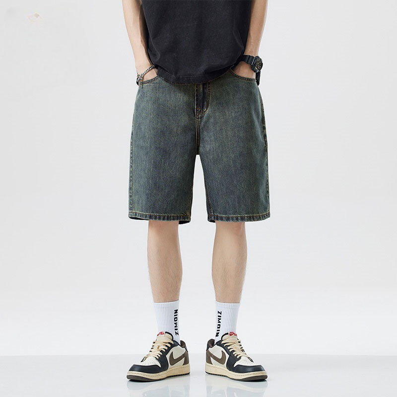夏用の薄いメンズ快適なデニムショートパンツ、ルーズストレートレッグ5分丈パンツ、特大のルーズシンプルショートパンツ|undefined