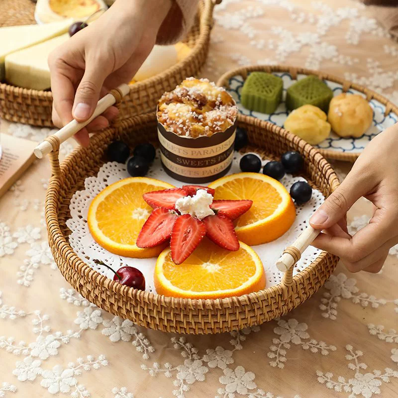 Вьетнамский ротанговый поднос для фруктов, корзина с двумя ручками, плетёная вручную хлебная/завтрачная корзина в японском стиле