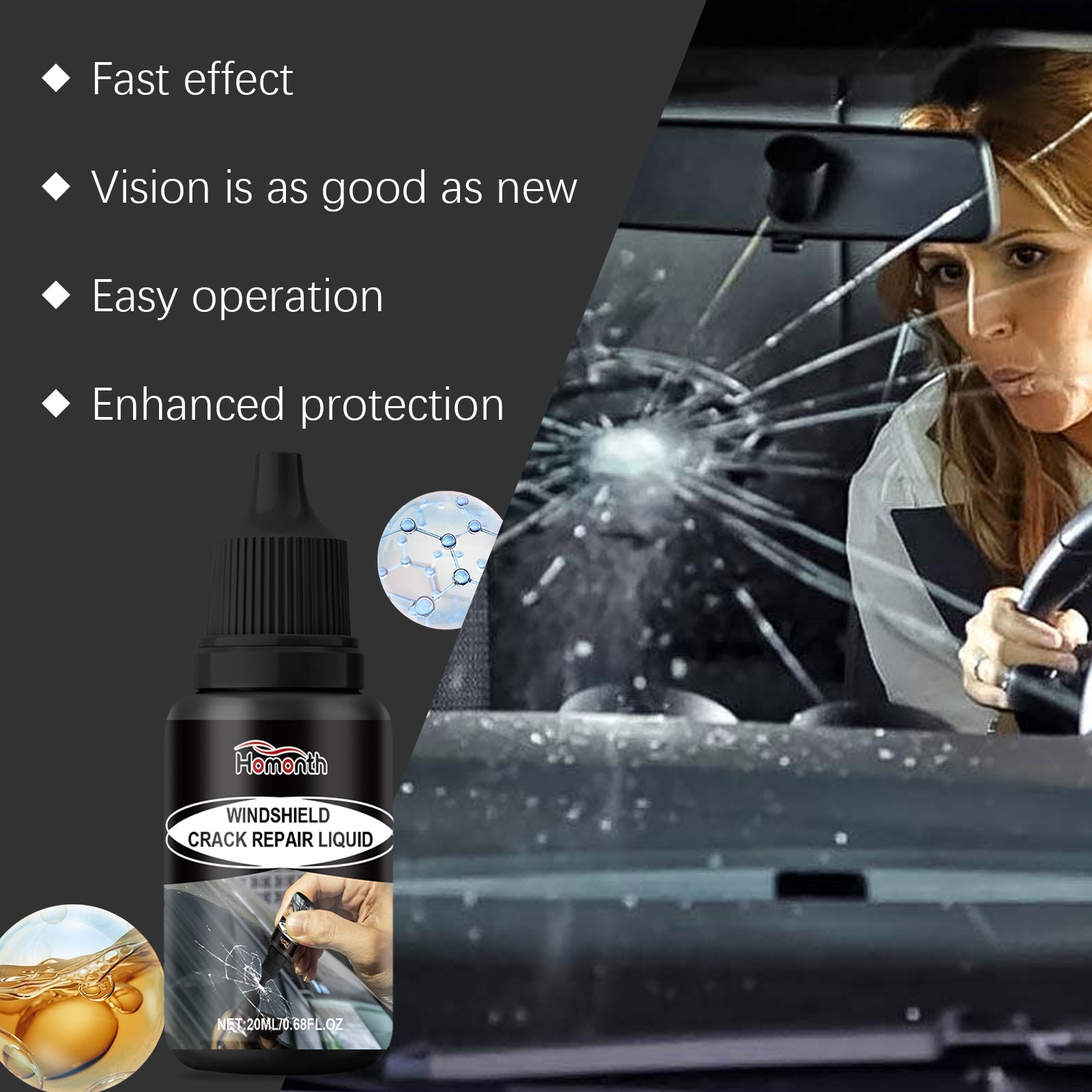 HOMONTH Car Windshield Care Solution Car Glass Cleaning and Crack Repair Agent for Clear Vision