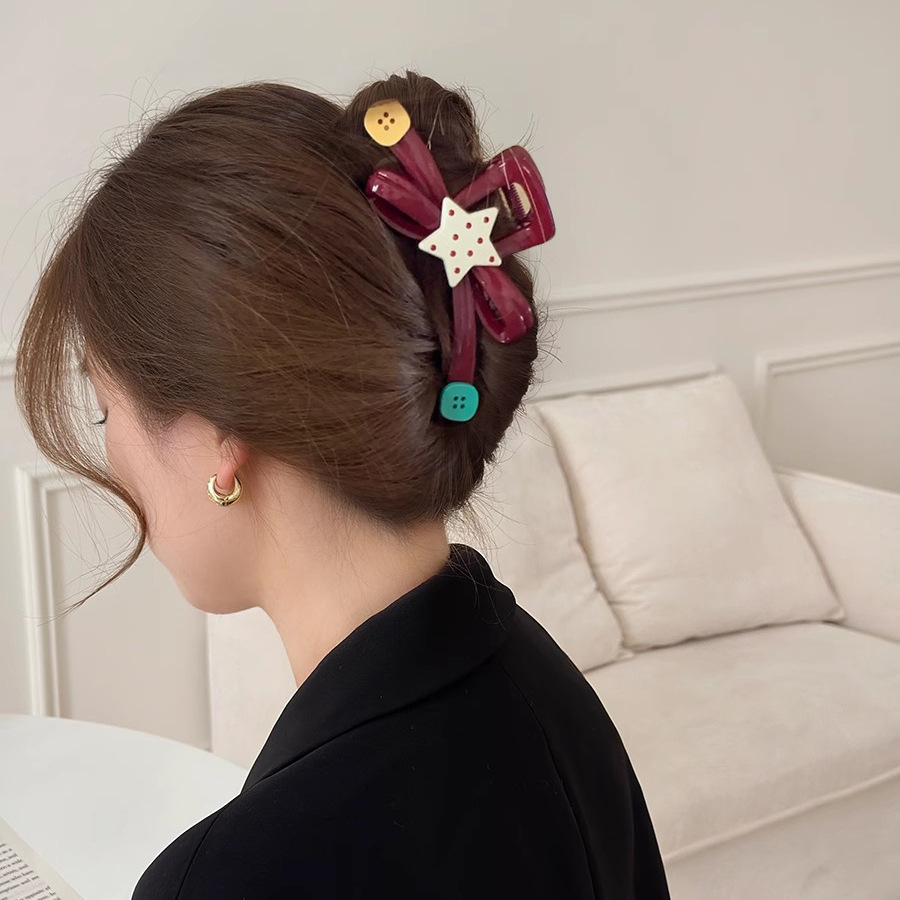 Diversión de contraste de color ondulado punto estrella agarrar clips de botón de arco grande clips de tiburón medio clip de cabello agarrar el cabello