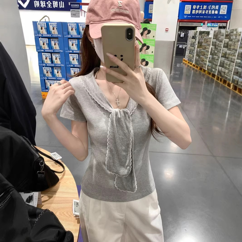 Miu Style Gentle Girly Style Striped V-Neck Short-Sleeved T-Shirt for Women Summer Lace Tie Slimming Look and Beautiful Versatile Top