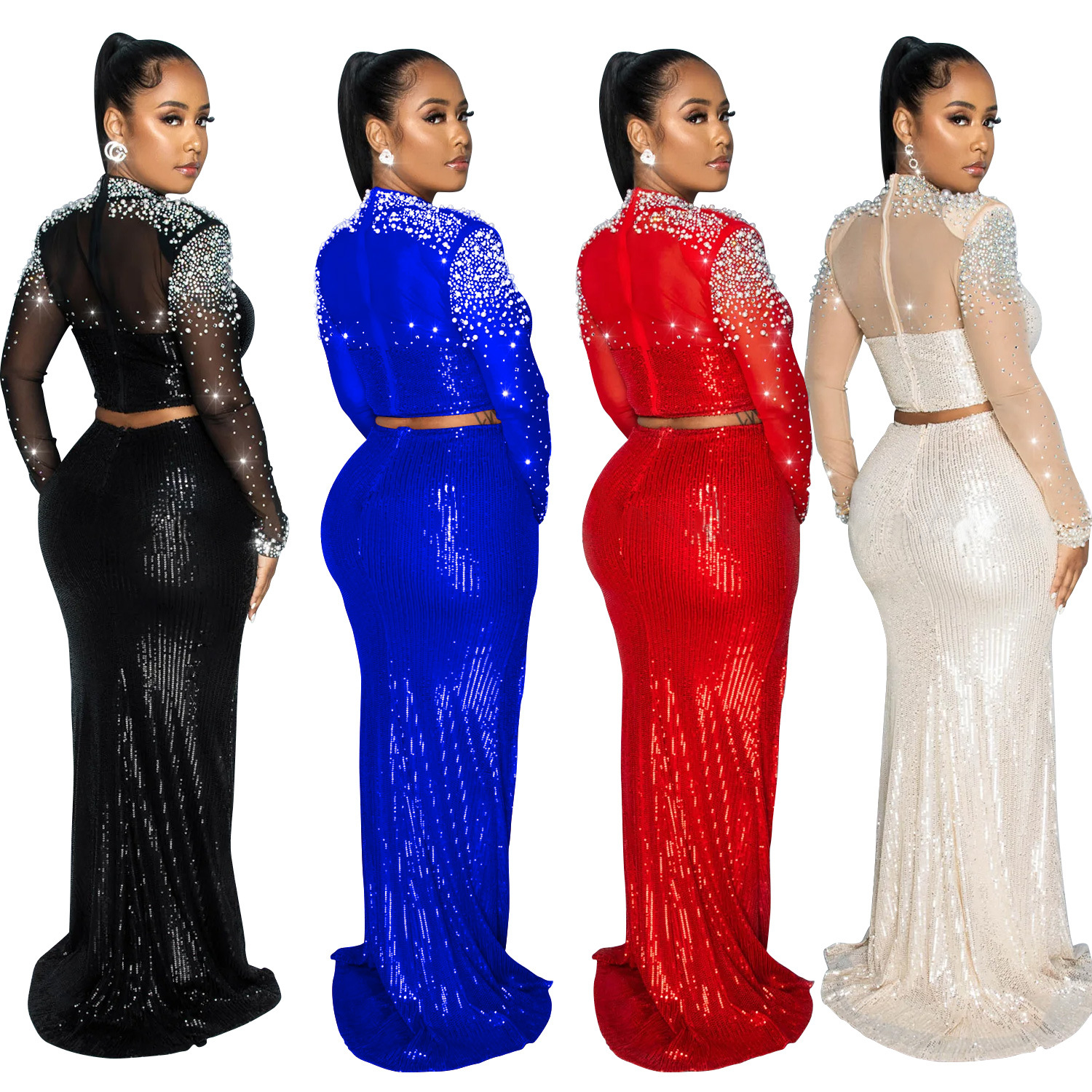 C6810 transfronteriza AliExpress Amazon moda europea y americana cuello redondo malla lentejuelas manga larga vestido de dos piezas conjunto