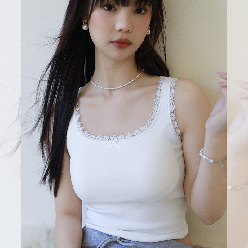 Early Spring Pure Desire Bm Style Tight-Fitting Siro-Spun Cotton Lace Trim with Chest Pads for Layering or Wearing Alone Tank Top