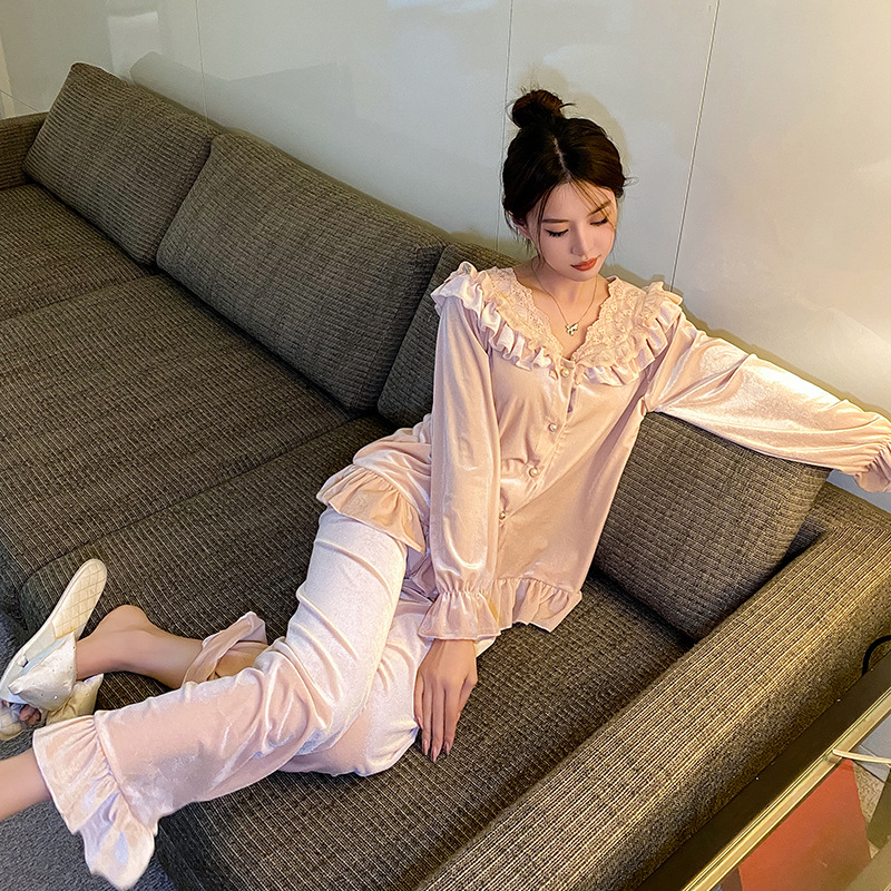 [Terciopelo de oro] Otoño e Invierno Nueva Red de encaje rojo pijamas de las mujeres dulces pantalones de manga larga ropa para el hogar ropa exterior traje de dos piezas