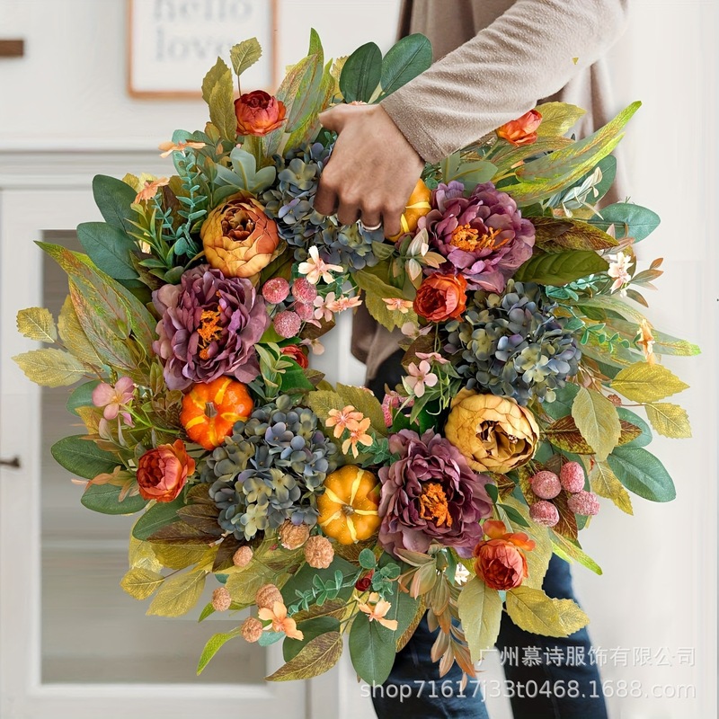秋季南瓜花环门挂牡丹绣球仿真跨境亚马逊藤圈感恩节Fall Wreaths|undefined