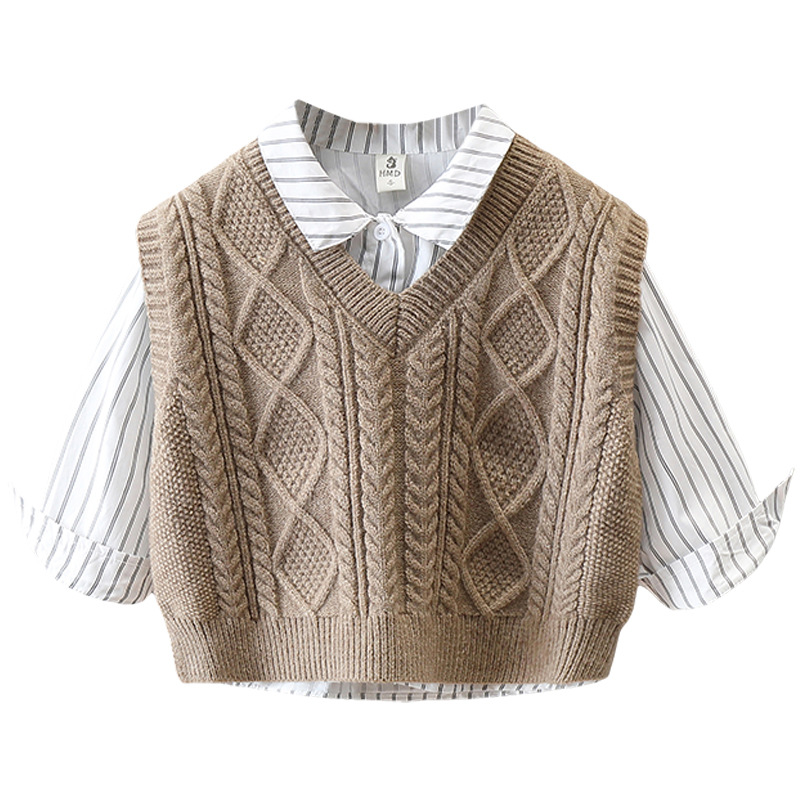 6103 Conjunto de chaleco de lana para niños Ropa de primavera y otoño 2024 Nuevo estilo Camisa a rayas estilo universitario para niños Tren de tres piezas