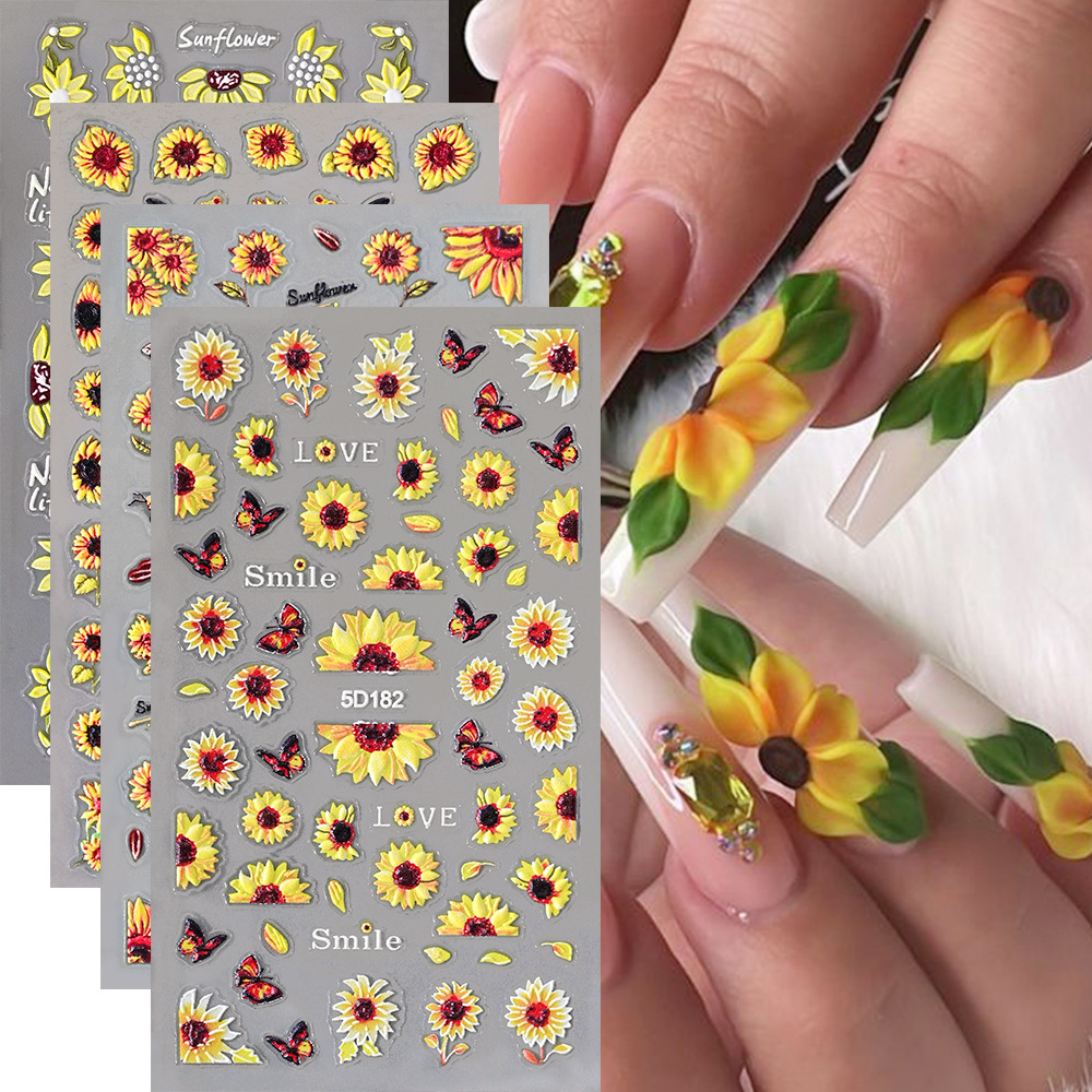 5D relief nail stickers small fresh summer three-dimensional sunflower peony flower relief adhesive sticker