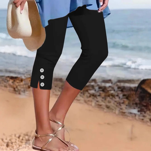 2025 Summer Medium-Waist Elastic Solid Color Seven-Eighth Leggings Tight Fashion Sexy Button Splicing Casual Pants for Women