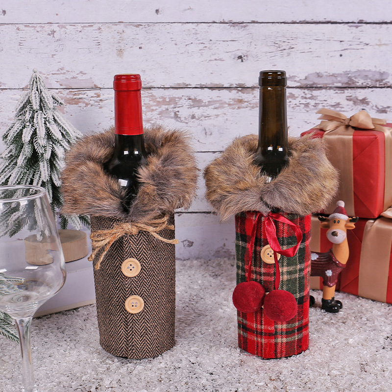 Christmas New Arrival Dining Table Red Wine Fuzzy Checkered Dress Bottle Cover Home Bar Decor