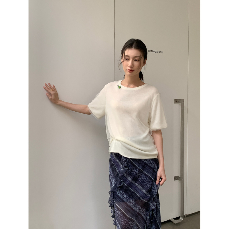 [Special Offer, No Refunds or Exchanges] Original Price 125 Yuan, Linen Spray-Painted Woolen Mesh Short-Sleeved T-Shirt for Women 258187