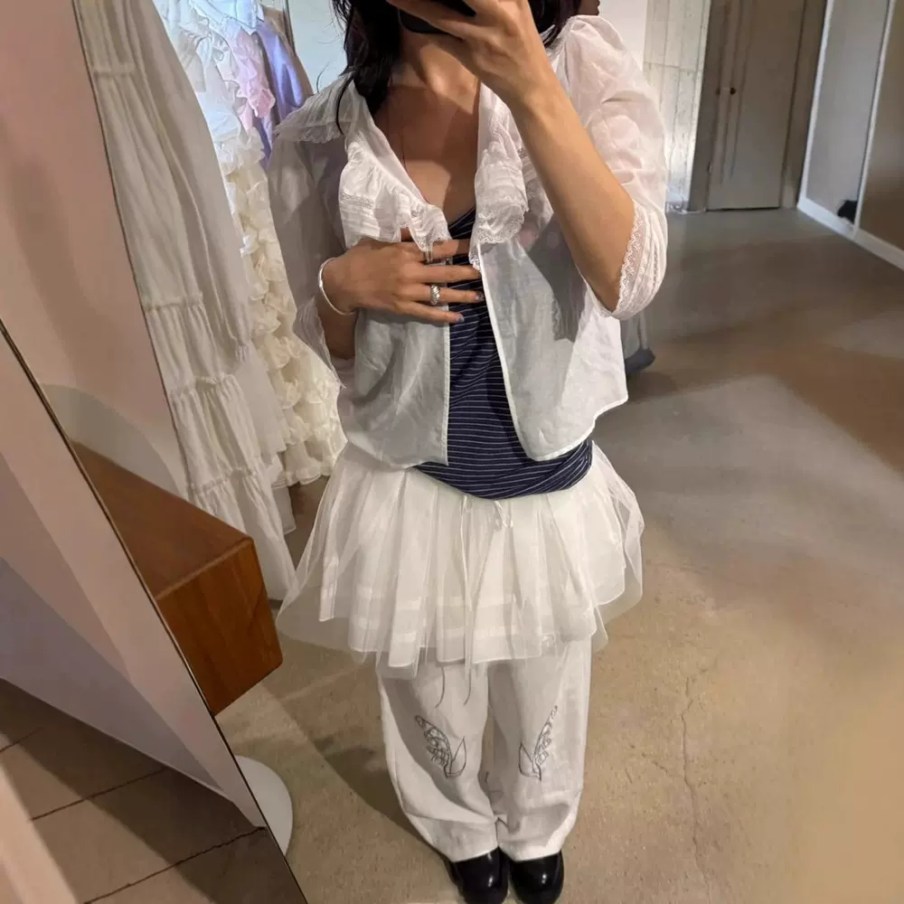 现货 轻薄微透蕾丝中长袖衬衫2025夏季女纯欲辣妹短款上衣flet*a