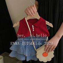 韩国童装2024夏季女童复古翻领针织背心儿童荷叶边牛仔半身裙套装
