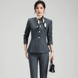 杏色职业装长袖西装套装女秋2026新款美容院珠宝店工作服制服西服