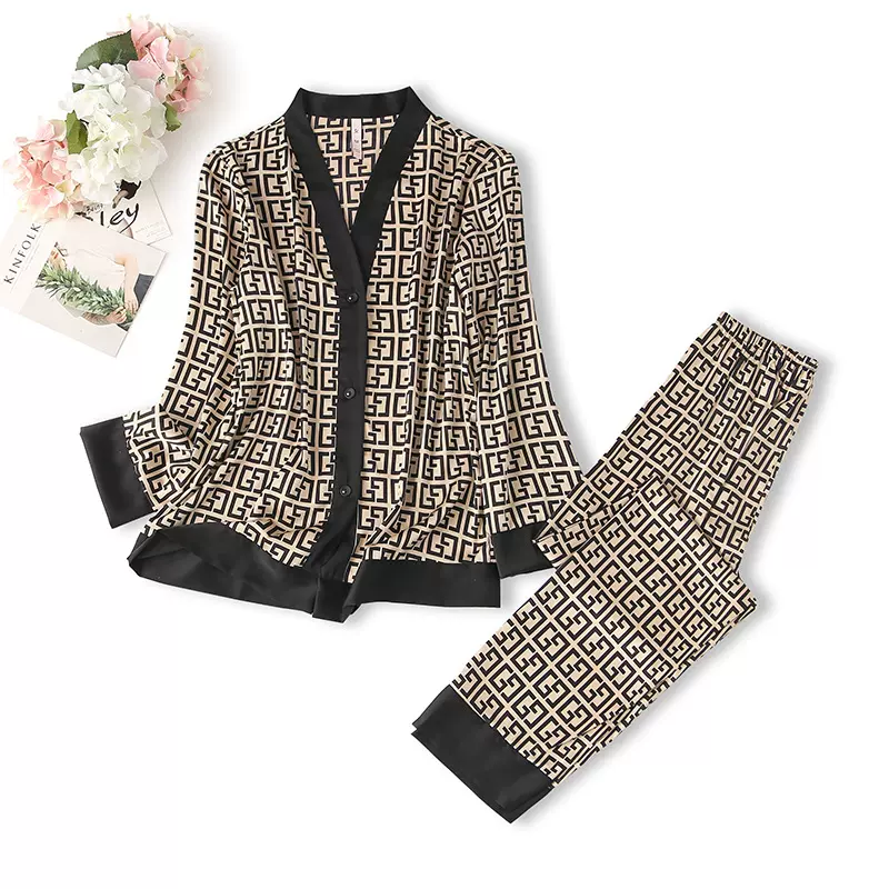 女春夏季新款冰丝绸睡衣春秋季女士冰丝睡衣长袖套装简约家居服可