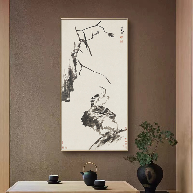 八大山人朱耸孤禽图入户玄关系客厅背景墙装饰画书房茶楼水墨挂画