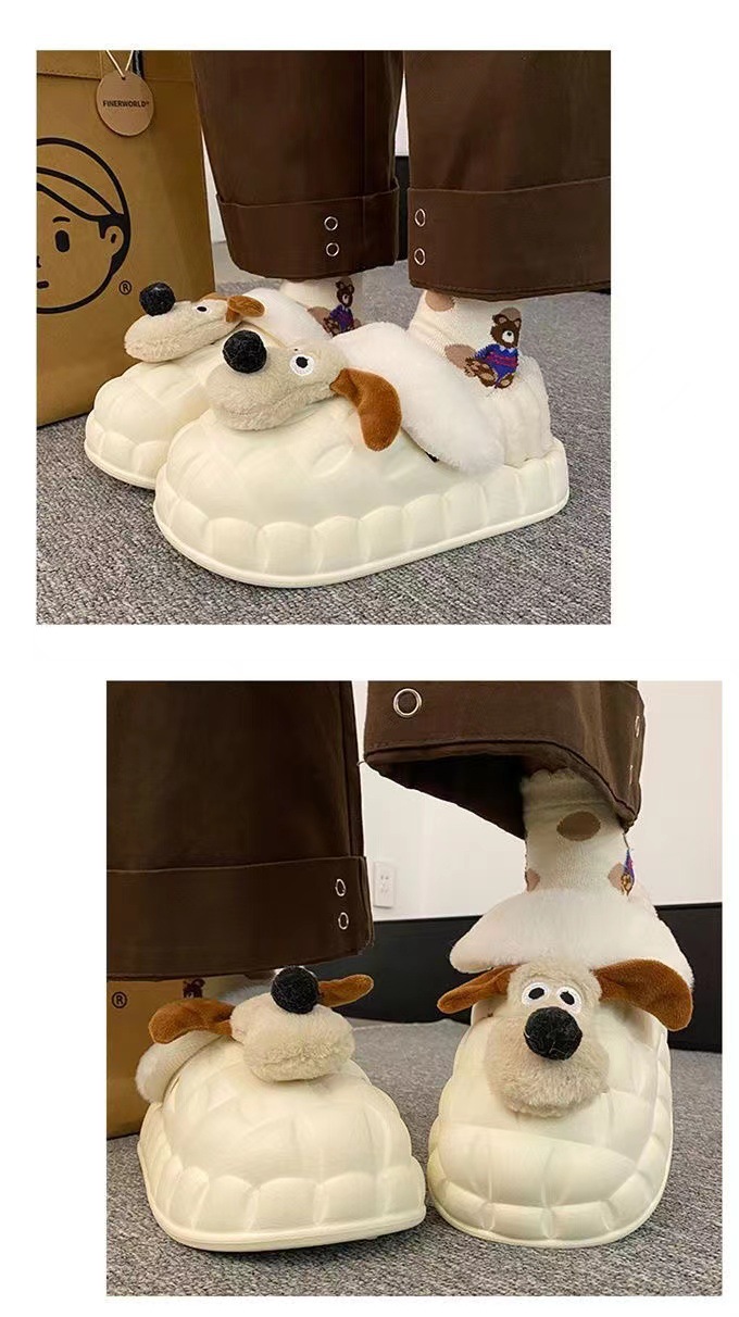 Pantofole da donna impermeabili con motivo a cane dei cartoni animati, antiscivolo, fondo spesso, calde e morbide, graziose scarpe di cotone per la casa e_voghion.com