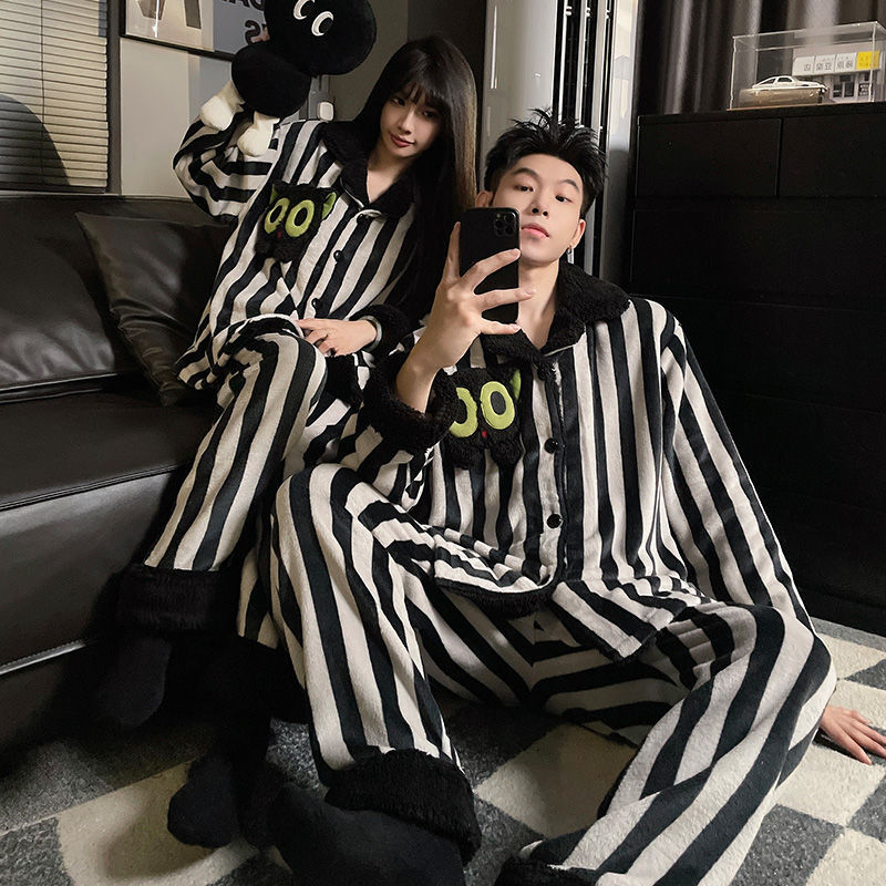 Coral Velvet Couple Pajamas for Women Winter Long-Sleeved Cute Flannel Suit for Men Autumn and Winter Fleece-Lined Thickeneded Home Clothes