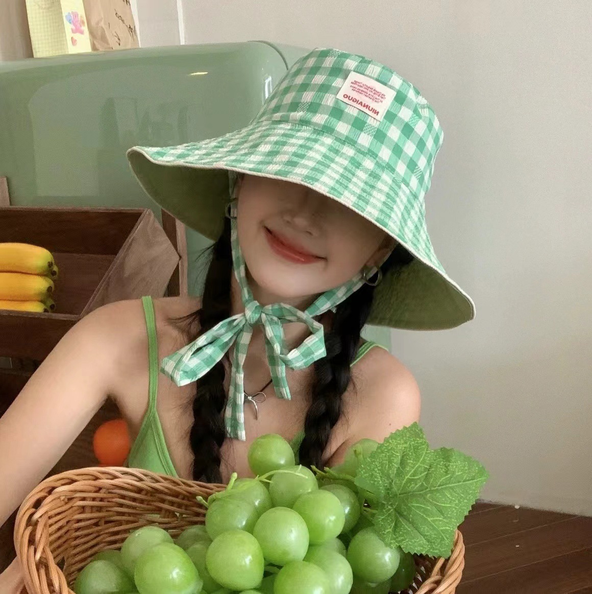 Nuevo estilo coreano ins cuadrícula correa sombrero de pescador mujer verano viaje al aire libre gorra de doble cara gran sombrero de protección solar