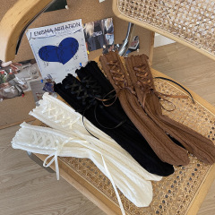 日系新品千禧年辣妹y2k麻花羊毛綢緞蝴蝶結綁帶木耳邊少女堆堆襪