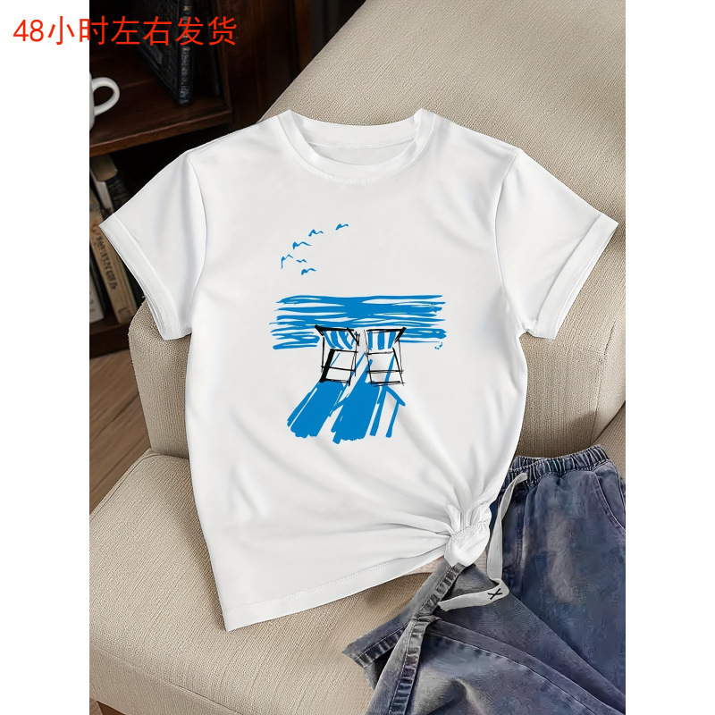 Cross-Border Amazon Women's Casual Short Sleeve T-Shirt - Seagull and Adirondack Chair Pattern Print