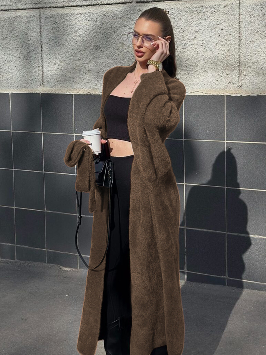 Cardigan de peluche transfronterizo suéter Europa y los Estados Unidos otoño y invierno 2026 nuevo cuello en V correa de cintura suelta abrigo de viento perezoso