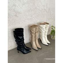 2025年秋四季新款尖头复古褶皱皮靴高跟套筒长靴设计感显瘦女