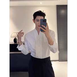 法式V领垫肩白色长袖衬衫男款雅痞风西装内搭修身无领衬衣轻熟