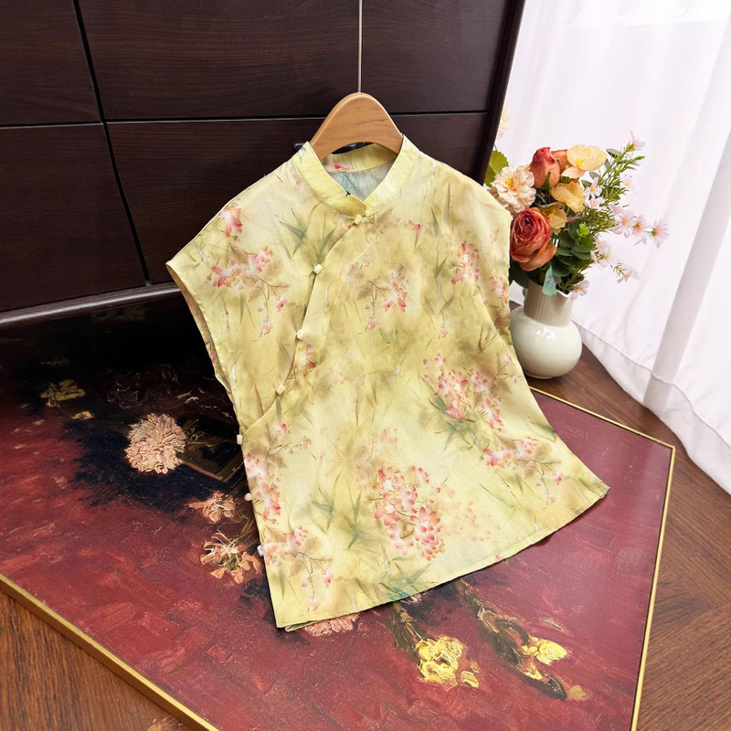 New Chinese Style Full-Front Top 2025 Summer New Stand-Up Collar Diagonal Placket Printed Shirt Thin Breathable Shirt