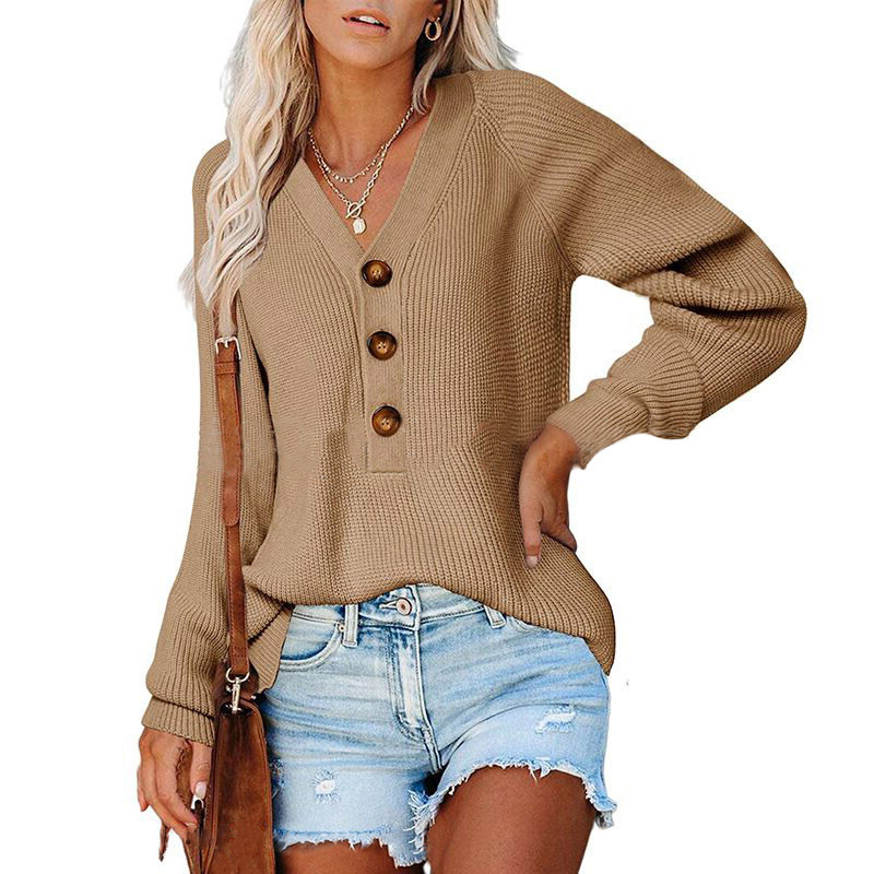 Carefully selected button women's pullover autumn and winter new style loose temperament V-neck knitted sweater_voghion.com