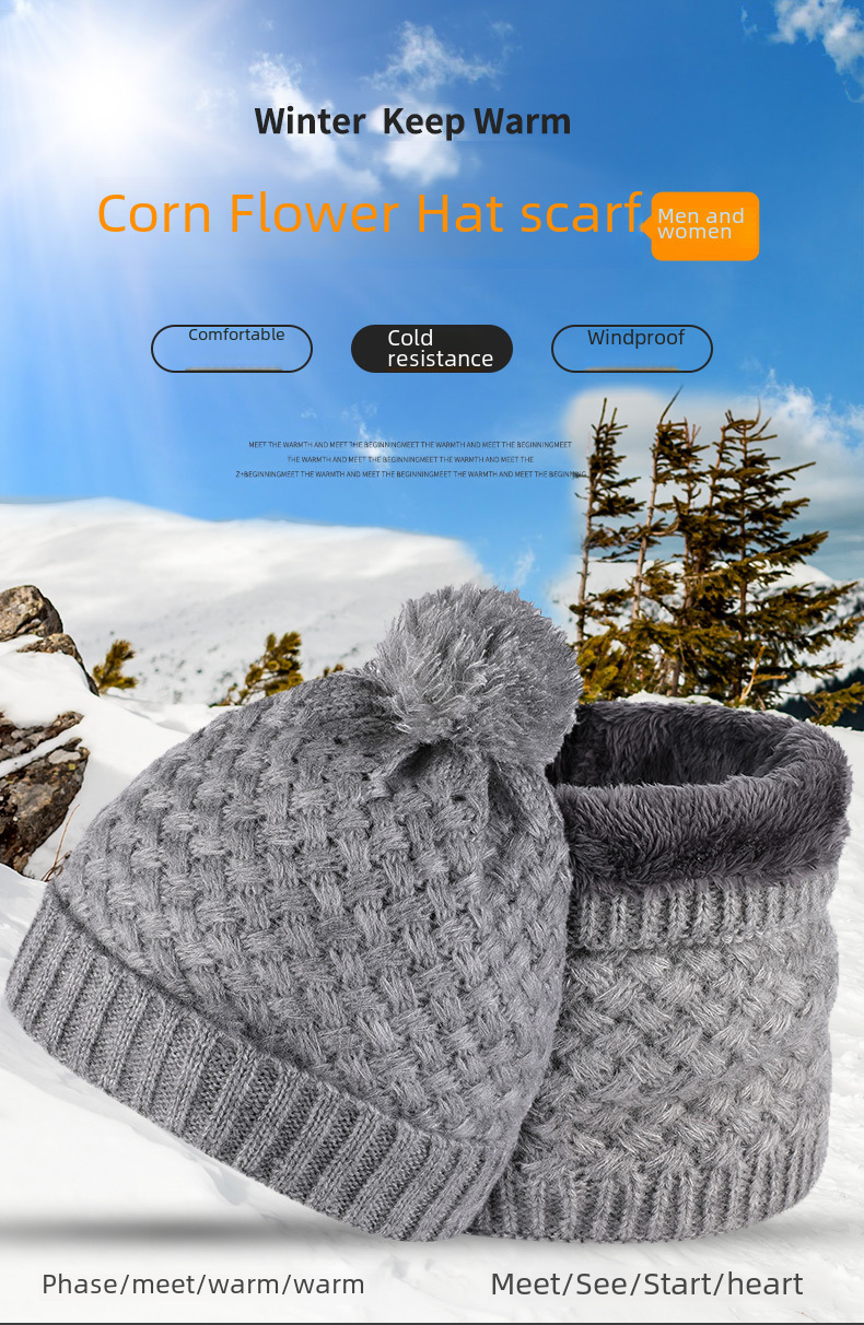 Unisex Schal Mode Winter Samt Strickmütze Set Pelz Ball Kappe Warm Einfarbig Hals Set_voghion.com