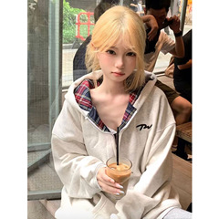 美式复古格子拼接开衫拉链卫衣外套女2025新款oversize慵懒风连帽
